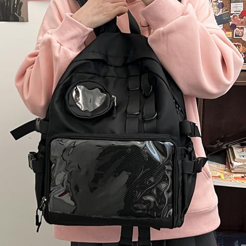 MOVOYEE Backpack for Men Travel Women Work Hiking Casual Daypack Backpacks Teens Girls Boys Kids BookBag,Anti Theft Carry On Clear Backpack,Cute Ita Bag with Pin Display Adjustable Strap Black