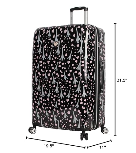 Betsey Johnson 30 Inch Checked Luggage Collection - Expandable Scratch Resistant (ABS + PC) Hardside Suitcase - Designer Lightweight Bag with 8-Rolling Spinner Wheels (Paris Love)