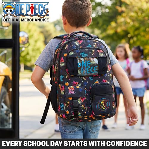 Get Trend One Piece Kids Backpack for Boys, 18 inch Book Bag with Adjustable Padded Straps, Travel School Bag, Anime Gifts (Black One Piece)