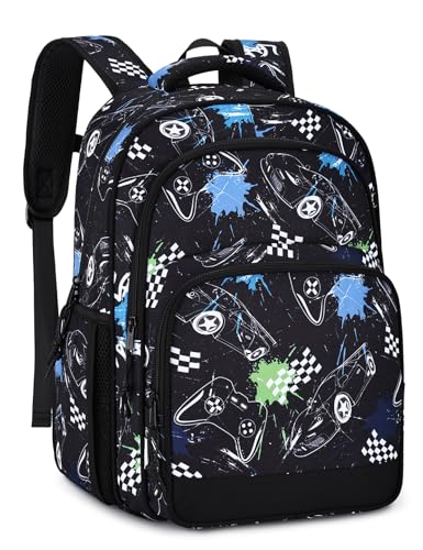VASCHY Kids Backpack 16" (17.5L) Water-Resistant School Backpack for Boys–Elementary & Primary School Bookbag, Lightweight with Multiple Pockets Black & White Racer