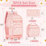 AGSDON Rolling Backpack for Girls, Women Roller Wheels Bookbag, Laptop Daisy Wheeled School Bag with Wheels for Teens