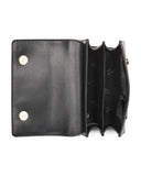 Betsey Johnson Crossbody Bag with Attached Charm, Black with Red Cherry Studs, Dual Compartment, Adjustable Strap, 8x6 Inch