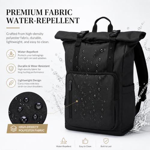 Fyvola Roll Top Laptop Backpacks for Men & Women, Anti-Theft Travel Backpack Fits 15.6-17.3 Inch Laptop, Water-Resistant Durable Computer Bag for Work, College & Daily Commute (Black)