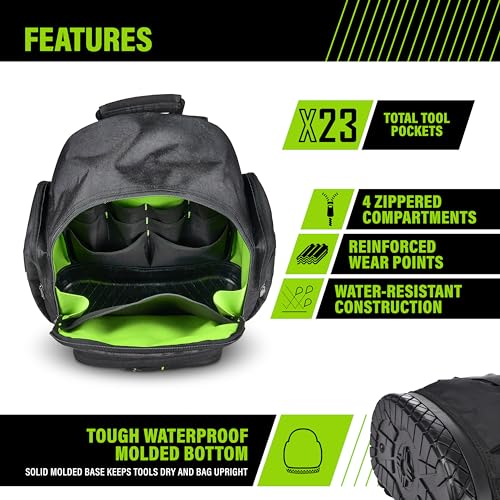 AWP Extreme Tool Backpack, Rugged Polyester Jobsite Backpack with Waterproof Molded Base, Padded Shoulders and Waist Straps, 23 Tool Storage Pouch Pockets, 1L-22419-2