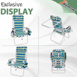 Romswi Tall Beach Chair Extra Wide for Adults, 17" High Seat Backpack Beach Chair with Cooler Bag, Cup & Phone Holder, 5-Position High Back Reclining Chair with Towel Bar & Zipper Pocket, Blue Stripes