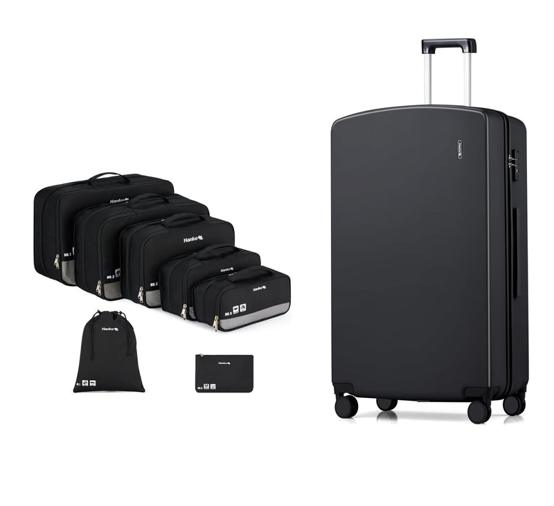 Hanke Packing Cubes for Travel and 28 Inch Luggage PC Hard Shell Suitcases with Wheels, 7 Sets Compressible Expandable Packing Organizers for Suitcase, Lighweight Luggage Bag for Travel (Black)