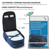 WIRABO 17.3 Inch Rolling Backpack for Adults, 40L Water Resistant Laptop Backpack with Wheels, Flight Approved Carry on Luggage for Business Travel, Roller Bag for Men Women College, Blue