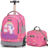 NEW TILAMI 16 Inch Rolling Backpack with Lunch Bag for Kids Adjustable Handle Carry-on Suitcase Wheels for Girls Boys School Travel Camping, Pink Rainbow Unicorn
