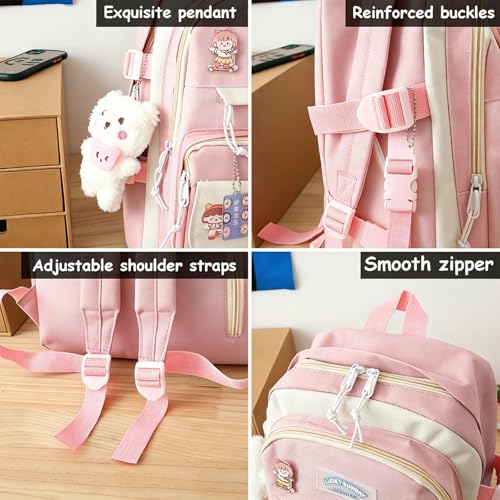 WEGUZIX Kawaii 5PCS Backpack Set for Teen Girls with Cute Bear Accessories - Aesthetic School Bookbag Back to School Supplies, A-Pink