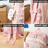 WEGUZIX Kawaii 5PCS Backpack Set for Teen Girls with Cute Bear Accessories - Aesthetic School Bookbag Back to School Supplies, A-Pink