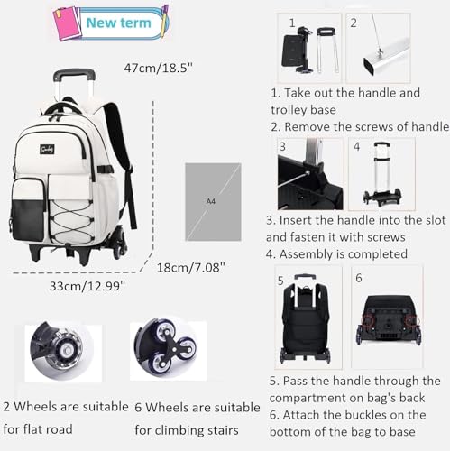 ETAISHOW Rolling Backpack for Boys with Wheels Roller Backpack Wheeled School Bag for Teen Boys White