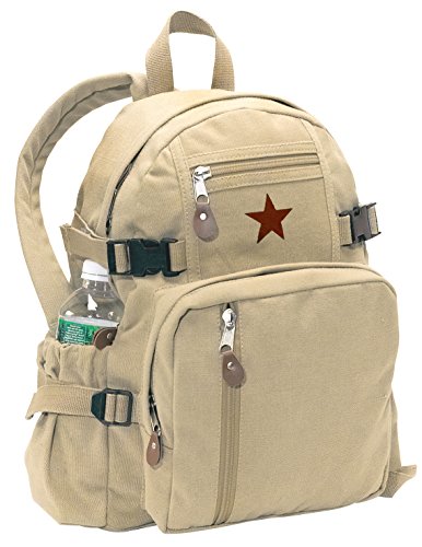 Rothco Vintage Canvas Compact Backpack, Small Cotton Canvas Daypack with Multi Pockets, Adjustable Straps, Mini Travel Bag (Khaki)