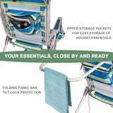 Romswi Tall Beach Chair Extra Wide for Adults, 17" High Seat Backpack Beach Chair with Cooler Bag, Cup & Phone Holder, 5-Position High Back Reclining Chair with Towel Bar & Zipper Pocket, Blue Stripes