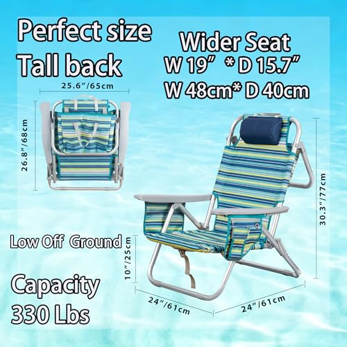 ALPOME Aluminum Backpack Low Profile Beach Chair - 5-Position Lay Flat Reclining Folding Chair with Removable Cooler Bag - Heavy Duty 330 lbs Capacity, Lightweight Portable Sand Seat - Striped Green
