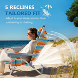 Compact Portable Beach Chairs for Adults 2 Pack, 5-Position Aluminum Lay Flat Backpack Beach Chair, Low Beach Chair with Cooler Pouch, Storage Pouch, Towel Bar, Cup Holder, Rainbow Stripe 2 Pack