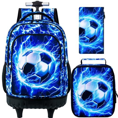 UFNDC 3PCS Rolling Backpack for Boys, Men Lightning Football Backpacks with Wheels，Water-Resistant Travel Roller Wheeled Bookbag