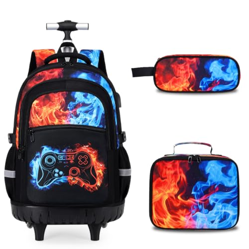 DIGOBAY Rolling Backpack for Boys, 3PCS Luminous Gamer Roller Backpack Set