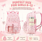 BTOOP Multi-Compartment Kids Backpack for Girls, Cute Pink Bow School Backpack with Chest Strap, Side Pocket Fits 40 oz Tumbler, Luggage Strap, Girls Bookbag for Elementary Middle School