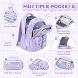 QIXIHU Kids Backpack for Girls, Bookbag for Elementary Students Kawaii Ita School Bag with Pins for Teens Lightweight Water Resistant Travel Backpack with Luggage Strap, Purple