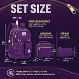 CCJPX 3PCS Rolling Backpack for Girls, Women Roller Bookbag with Lunch Box for Adults, Water Resistant Wheeled School Bag for Teens Kids Travel - Dark Purple