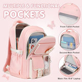 GeeWin Girls Backpack for School with Lunch Box & Pencil Case Set, 17 Inch Waterproof Cute Bow Girls Bookbag for Kids, Teens, Elementary Middle High College School Student (Pink/Beige)