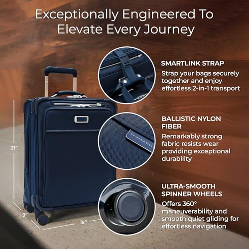 Briggs & Riley Global 21" Carry On Expandable Spinner - Luggage for International Travel, Suitcases with Wheels, Softside Rolling Bag for Men & Women, Self-Repairing Zipper - Baseline Collection, Navy