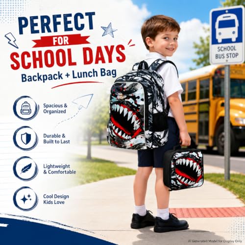 FTJCF 3Pcs Backpack for Boys, 16" Shark Kids Bookbag with Lunch Box, School Backpacks for Elementary Preschool Kindergarten (Black)