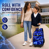 gxtvo Rolling Backpack for Men, Wheeled Bookbag with Lunch Box for Adults, Kids Water Resistant Roller School Bag for College Teens Boys Travel - Lightning Blue