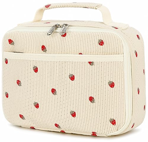 Bluboon Insulated Lunch Bag for Girls & Boys, Corduroy School Lunch Box with Cooler & Organizer Compartments, Leak-Proof Lunch Tote for School, Travel (Corduroy Strawberries Beige)