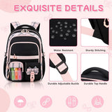 QIXIHU Girls Backpack, 17-Inch Bookbag for Middle & Elementary School, Kawaii Kids Backpack for Girls Ages 6-12(Black Pink)