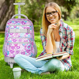 ZLYERT 3Pcs Rolling Backpack for Girls Women, Travel Roller Backpacks with Wheels for Adults, Teens College Love Wheeled Bookbag with Lunch Box(Ash Powder)