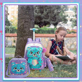 Meetbelify Rolling Backpack for Girls 3D Carton Backpack with Wheels for Elementary Student Kids Plush School Bag with Lunch Box Pencil Case for Girls Ages 6-8 Years Old