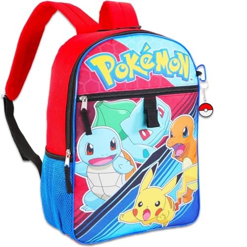 Bioworld Pokemon Black 5pc 16" Backpack Set Keychain, Zipper pouch