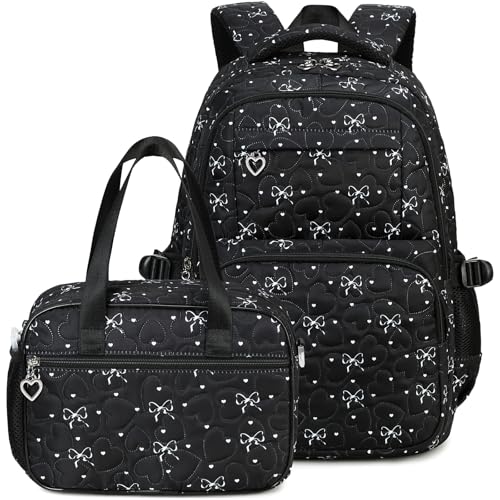 Sugaroom Bow Backpack for Girls, 2PCS Girls Backpack for School with Lunch Bag, Cute Kids Teens Bookbag for Kindergarten Elementary Preschool Middle School