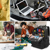 Rexmica Tool Bag Backpack for Men with 3 Tool Pouches, Heavy-Duty Tool Storage Organizer Bag with Padded Shoulder & Waist Support, Tactical Work Tool Bag for Electrician, Repairman, HVAC Techs, Black