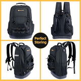 WILAXI PRO Tool Backpack Heavy Duty, Tool Bag Backpack for Men Waterproof Oxford Fabric with Plastic Base, 19IN Large Capacity with 44 Pockets, Padded Back & Straps for All Worksite Environments