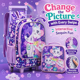 KLFVB Kids Rolling Backpack for Girls, Roller Wheels School Bag with Lunch Bag, Wheeled Sequins School Bookbag for Children - Cat