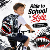 FTJCF 3Pcs Backpack for Boys, 16" Shark Kids Bookbag with Lunch Box, School Backpacks for Elementary Preschool Kindergarten (Black)