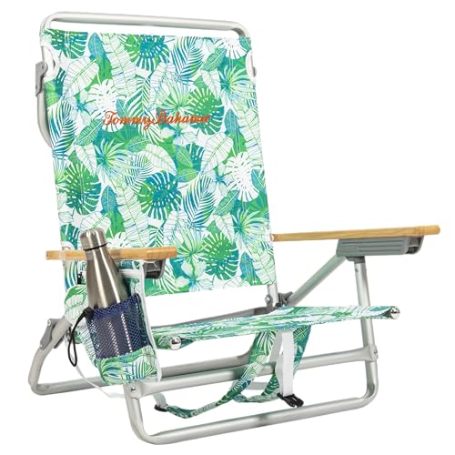 Tommy Bahama 5-Position Classic Lay Flat Backpack Beach Chair with Cooler and Cup Holder, Portable Folding Beach Chair for Tanning, Tropical Leaves