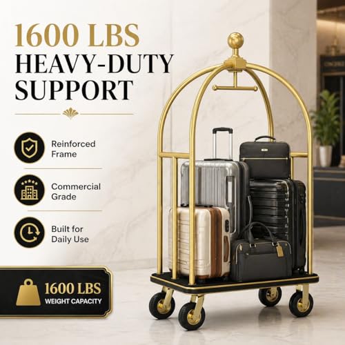 Hotel Luggage Cart, 1600 lb Bellman's Cart with 8-Inch Silent Wheels, Gold