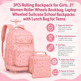 AGSDON Playful Bow Print Girls Rolling Backpack Set – 20” Roller Bookbag with Matching Lunch Box for Travel, Commute & School | Water-Resistant Fashion Wheeled Organizer in Pink