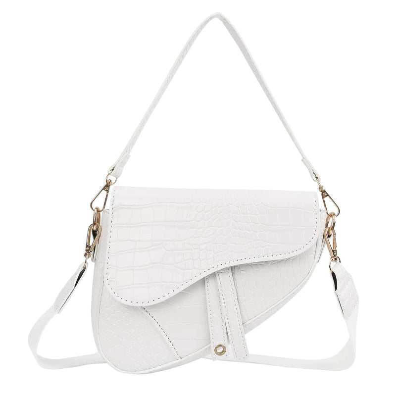 HDE Womens Saddle Shaped Convertible Shoulder Bag Trendy PU Leather Clutch Satchel Crossbody Purse Small Crocodile Handbag - White Crocodile