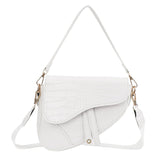 HDE Womens Saddle Shaped Convertible Shoulder Bag Trendy PU Leather Clutch Satchel Crossbody Purse Small Crocodile Handbag - White Crocodile