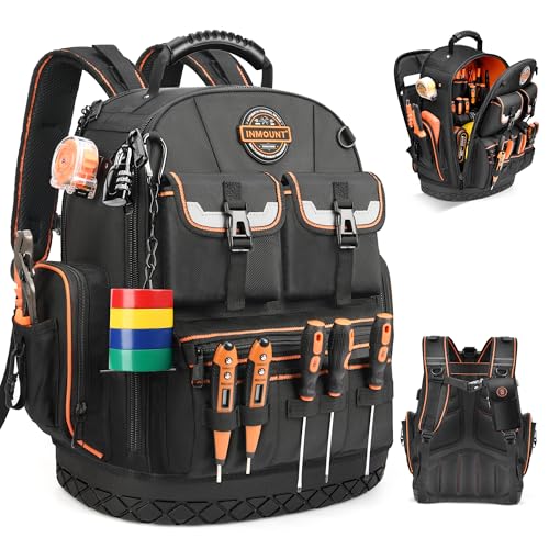 LOKASS Tool Backpack Heavy Duty with Molded Bottom, 1680D 56-Pocket Tool Bag Organizer with Laptop Compartment & Combination Lock, Durable Water-Resistant Electrician & HVAC Tool Backpack - Black