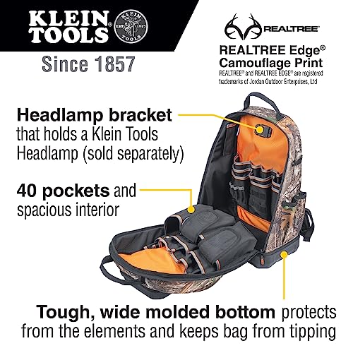 Klein Tools 62800BPCAMO Backpack Tool Bag, Tradesman Pro Extra-Large 40-Pocket Jobsite Camo Tool Backpack with Molded Bottom, Charging Port