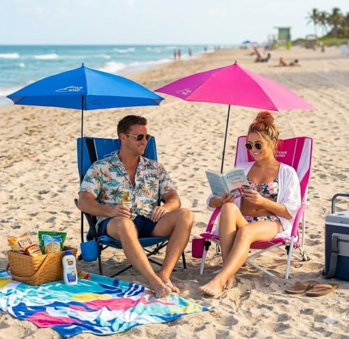 FAIR WIND Portable Beach Chair with Umbrella for Adults, Backpack Folding Arm Chair for Coastal Vacations, Picnics, and Concerts - Supports 300 LBS, Pink