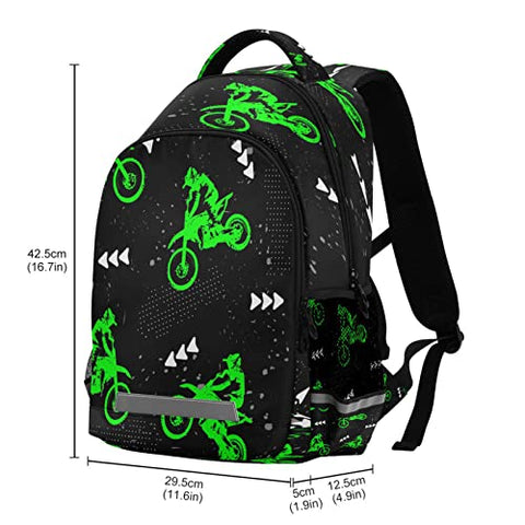 Vozoza Green Motocross Sport Backpack for Girls Kids Boys School Bookbags, Student Laptop Backpack Carrying Bag Casual Lightweight Travel Sports Day Packs