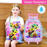 AGSDON 3PCS Kids Rolling Backpack, Girls Roller Wheels Bookbag, Wheeled Elementary School Bag with Lunch Bag - Turtle