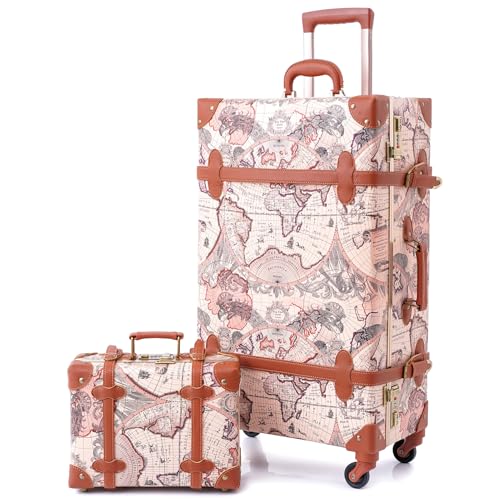 urecity Vintage Luggage Set 2 Piece, Vegan Leather Retro Trunk Suitcase with Spinner Wheels & Boarding Tote Bag, Zipperless TSA Lock Cute Travel Luggage for Women Men (Victorian Map Print, 20"+12")