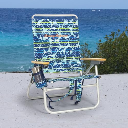 Tommy Bahama 2-Pack 4-Position Extended 12.8" seat Height Easy in-Easy Out Folding Backpack Beach Chair, Blue Tropical Leaves